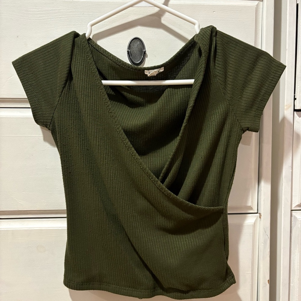 Garage Dark Green Ribbed Wrap Blouse